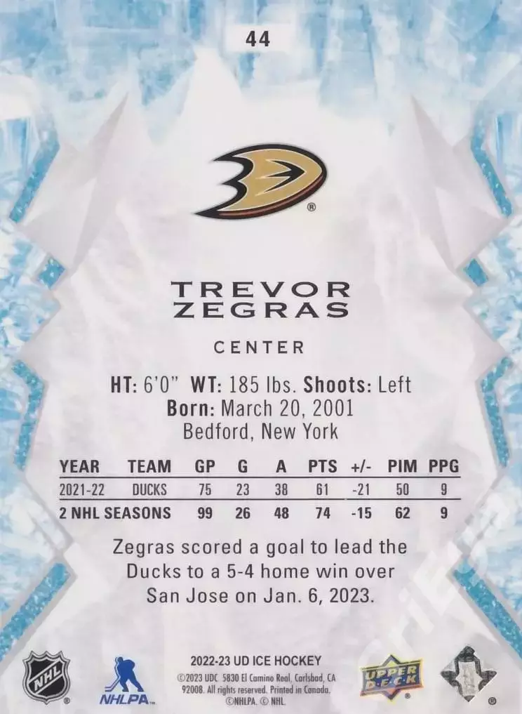 2022-23 Upper Deck Ice Hockey Trevor Zegras/Тревор Зеграс (Anaheim Ducks) 1