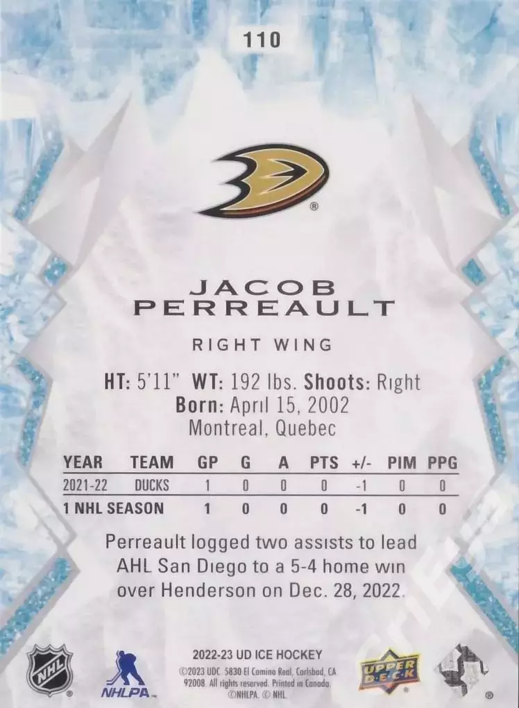 2022-23 Upper Deck Ice Hockey Jacob Perreault/Джейкоб Перро (Anaheim Ducks) 1