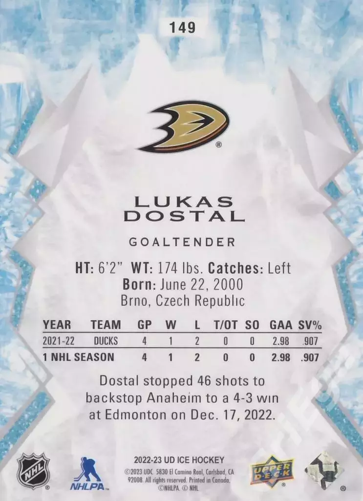 2022-23 Upper Deck Ice Hockey Lukas Dostal/Лукаш Достал (Anaheim Ducks) 1