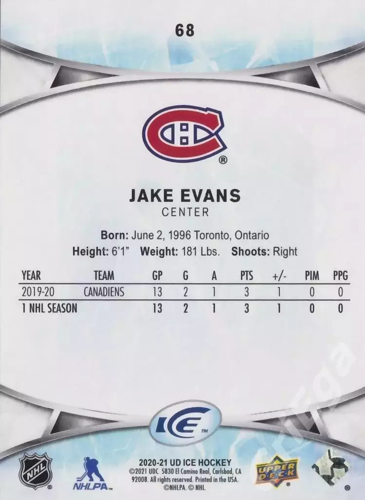 2020-21 Upper Deck Ice Hockey Jake Evans (Montreal Canadiens) 1