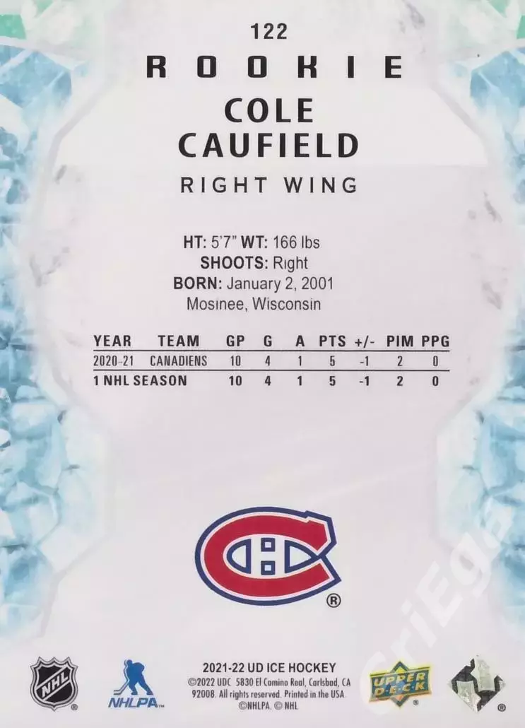 2021-22 Upper Deck Ice Hockey Cole Caufield (Montreal Canadiens) 1