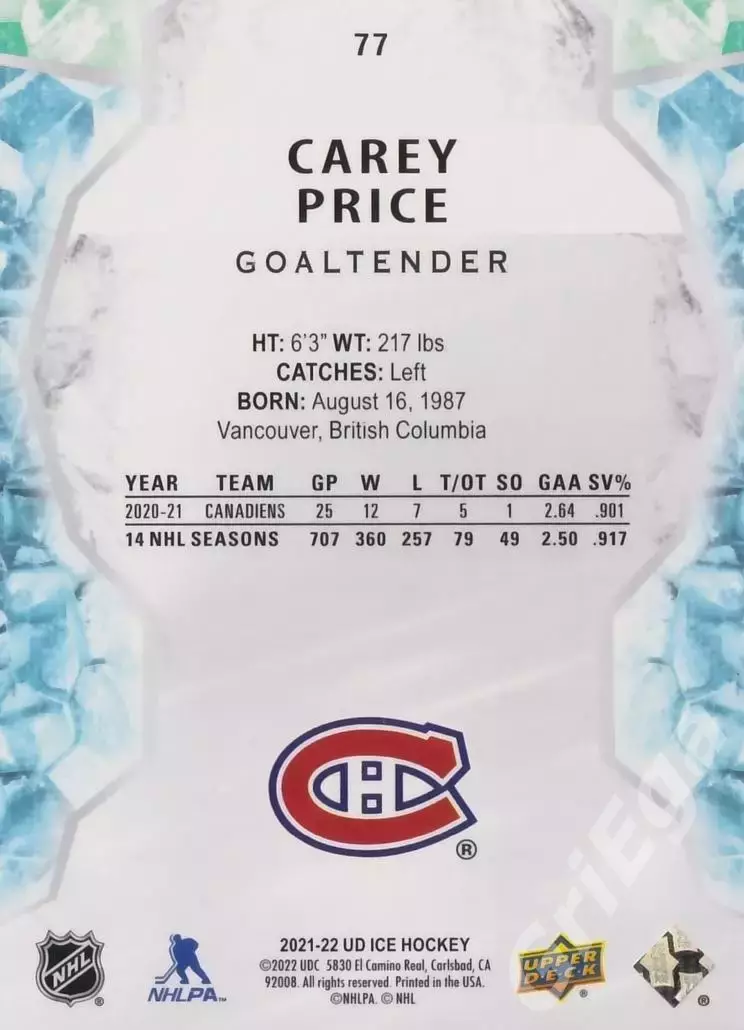 2021-22 Upper Deck Ice Hockey Carey Price (Montreal Canadiens) 1