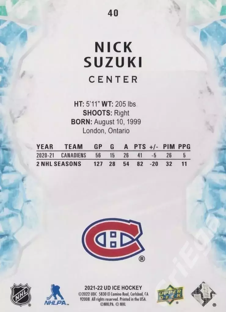 2021-22 Upper Deck Ice Hockey Nick Suzuki/Ник Сузуки (Montreal Canadiens) 1