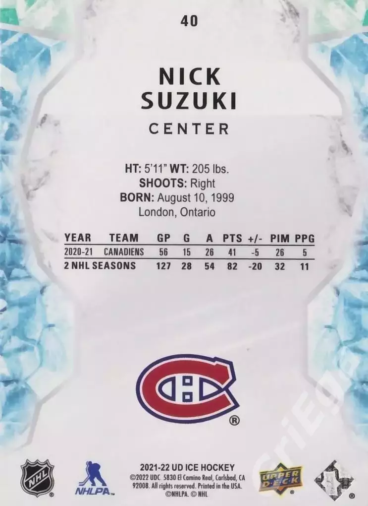 2021-22 Upper Deck Ice Hockey Nick Suzuki/Ник Сузуки (Montreal Canadiens) 1