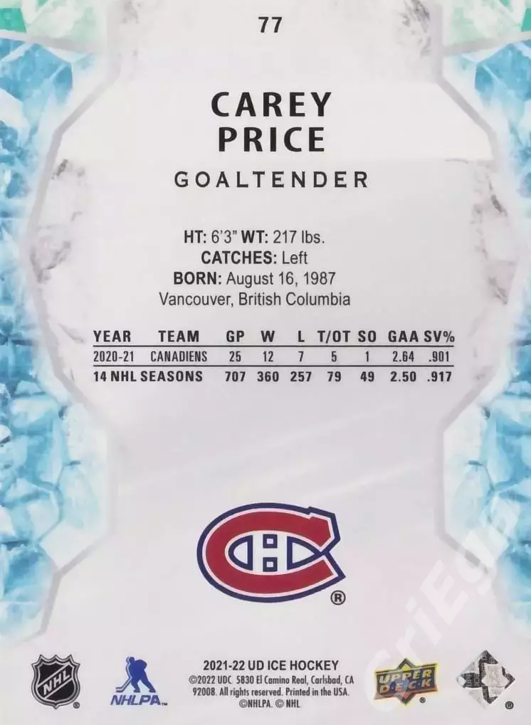 2021-22 Upper Deck Ice Hockey Carey Price/Кэри Прайс (Montreal Canadiens) 1