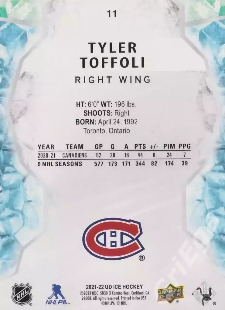 2021-22 Upper Deck Ice Hockey Tyler Toffoli/Тайлер Тоффоли (Montreal Canadiens) 1