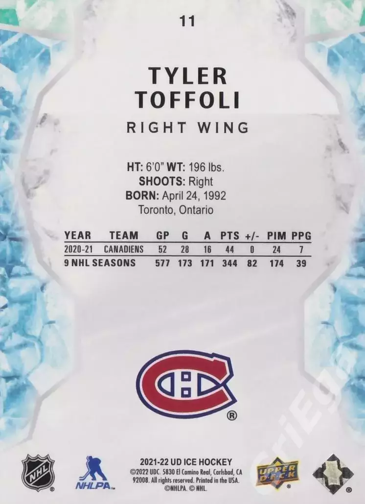 2021-22 Upper Deck Ice Hockey Tyler Toffoli/Тайлер Тоффоли (Montreal Canadiens) 1