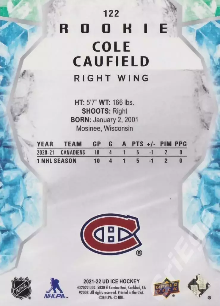 2021-22 Upper Deck Ice Hockey Cole Caufield/Коул Кофилд (Montreal Canadiens) 1