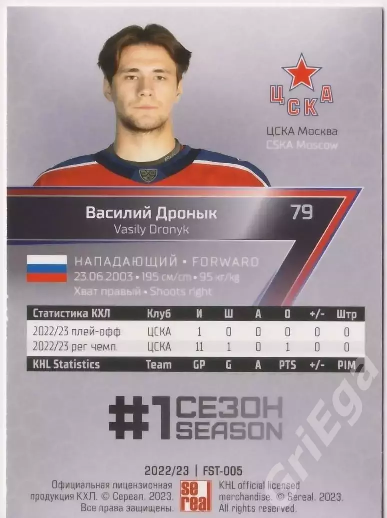 2022-23 SeReal КХЛ Premium Василий Дронык (ЦСКА Москва) 1