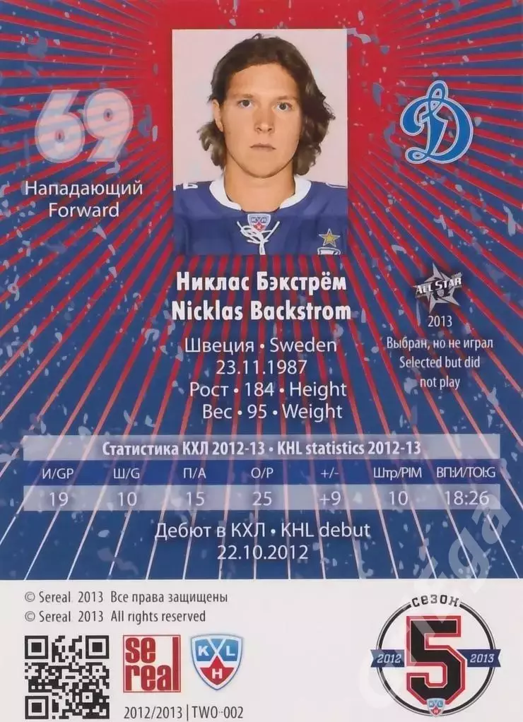 2012-13 SeReal КХЛ Никлас Бэкстрём (Динамо Москва) 1