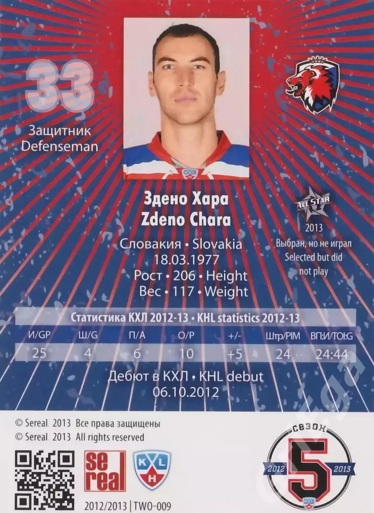 2012-13 SeReal КХЛ Здено Хара (Лев Прага) 1