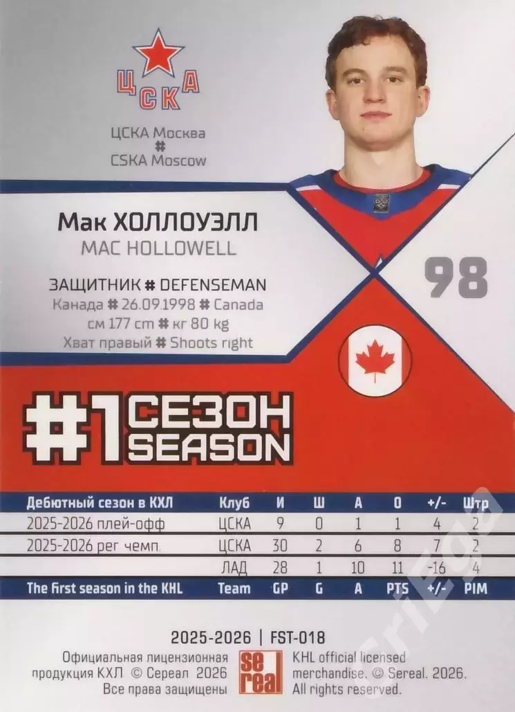 2025-26 SeReal КХЛ Мак Холлоуэлл (ЦСКА Москва) 1