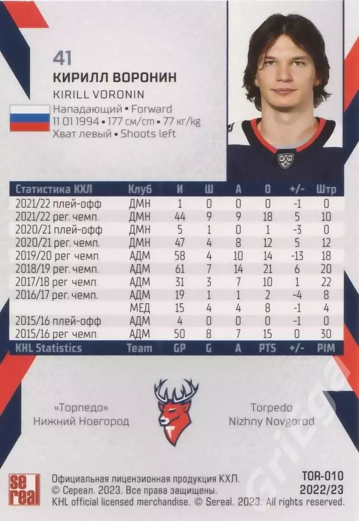 2022-23 SeReal КХЛ Кирилл Воронин (Торпедо Нижний Новгород) 1