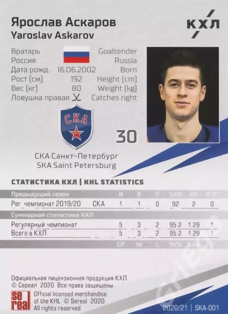 2020-21 SeReal КХЛ Ярослав Аскаров (СКА Санкт-Петербург) 1