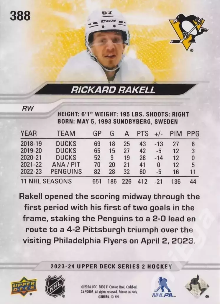 2023-24 Upper Deck Hockey #388 Rickard Rakell (Pittsburgh Penguins) 1