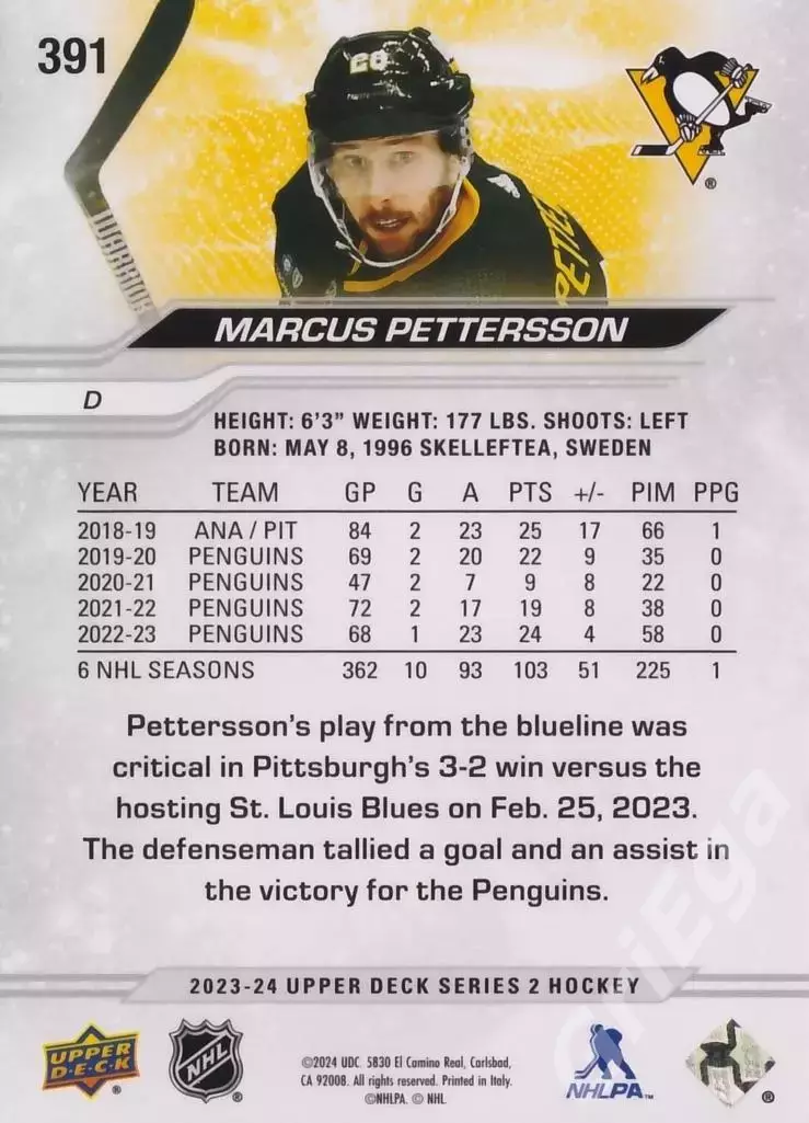 2023-24 Upper Deck Hockey #391 Marcus Pettersson (Pittsburgh Penguins) 1
