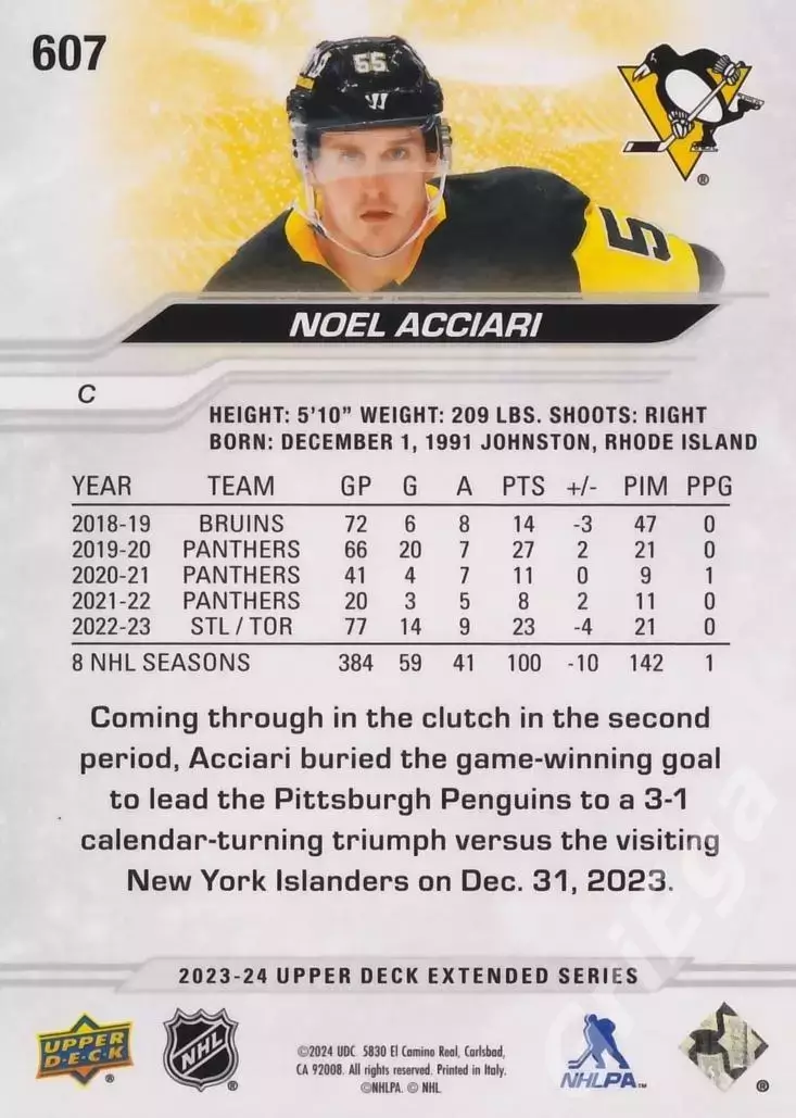 2023-24 Upper Deck Hockey #607 Noel Acciari (Pittsburgh Penguins) 1