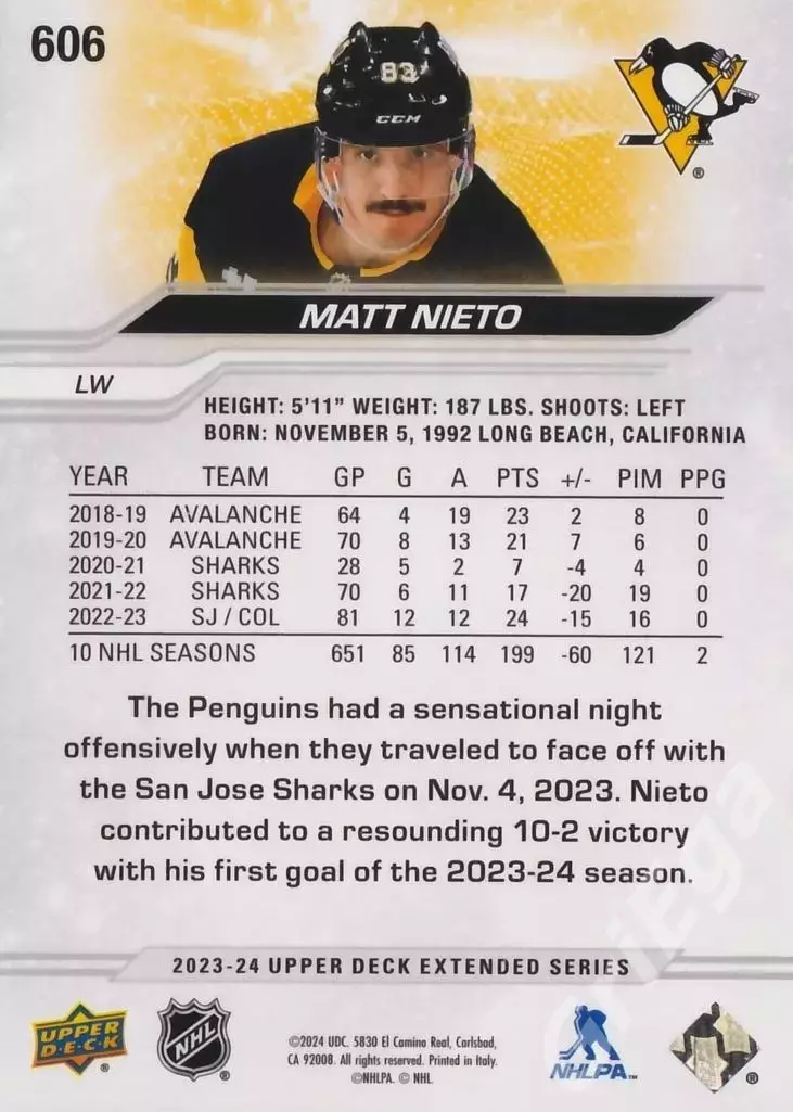 2023-24 Upper Deck Hockey #606 Matt Nieto (Pittsburgh Penguins) 1