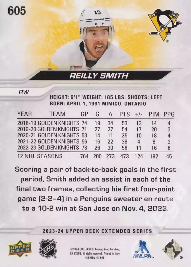 2023-24 Upper Deck Hockey #605 Reilly Smith (Pittsburgh Penguins) 1