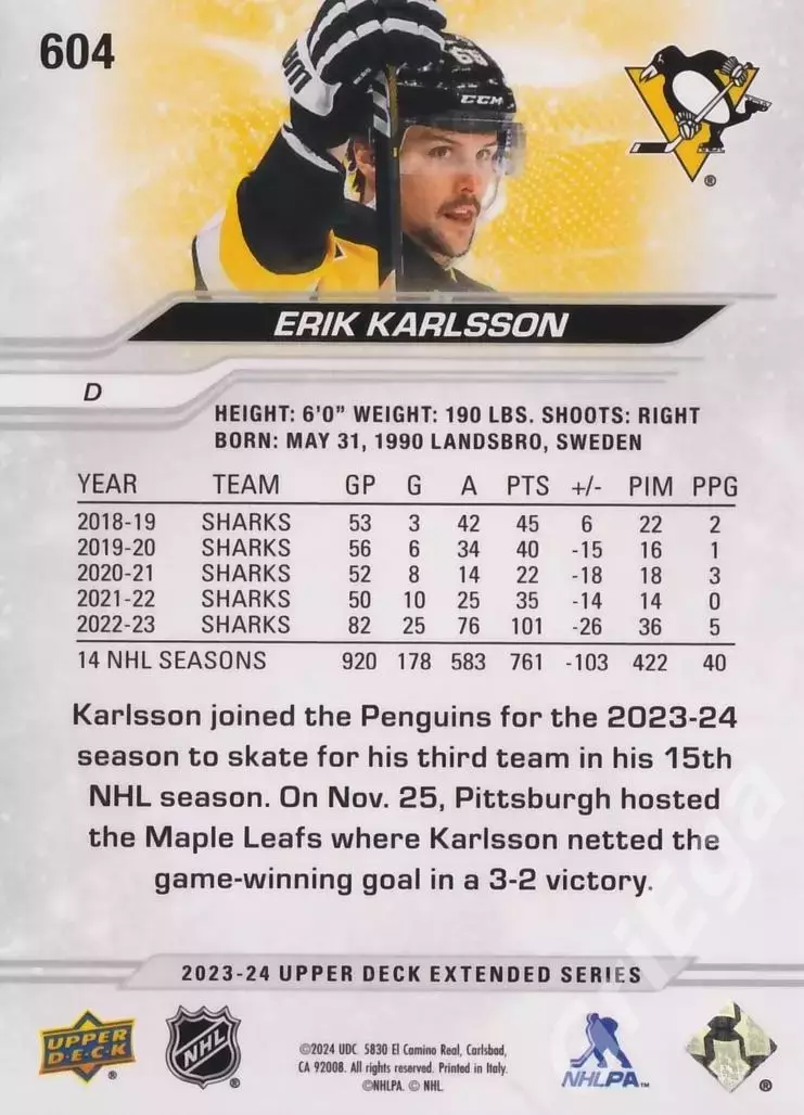 2023-24 Upper Deck Hockey #604 Erik Karlsson (Pittsburgh Penguins) 1