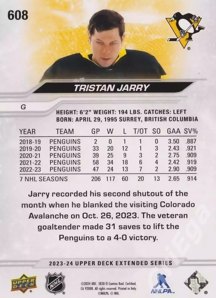 2023-24 Upper Deck Hockey #608 Tristan Jarry (Pittsburgh Penguins) 1
