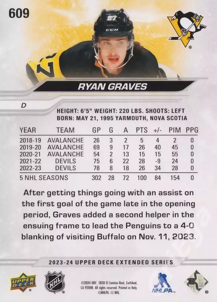 2023-24 Upper Deck Hockey #609 Ryan Graves (Pittsburgh Penguins) 1