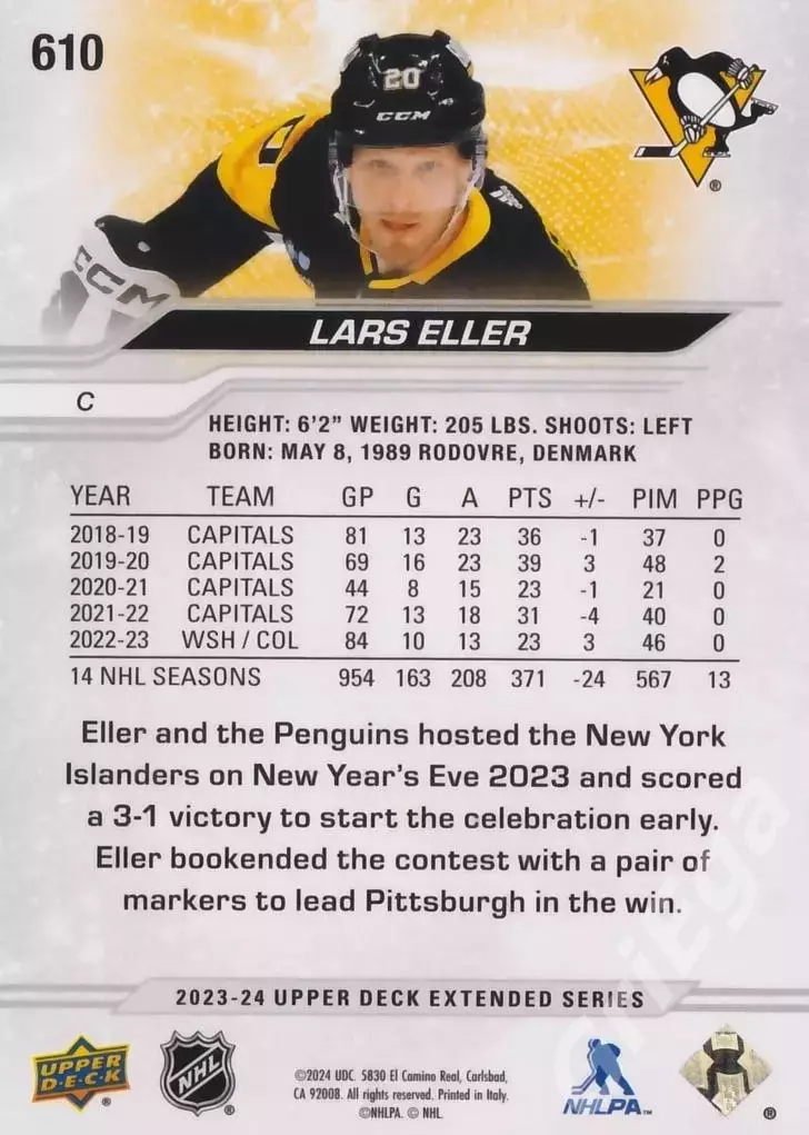 2023-24 Upper Deck Hockey #610 Lars Eller (Pittsburgh Penguins) 1