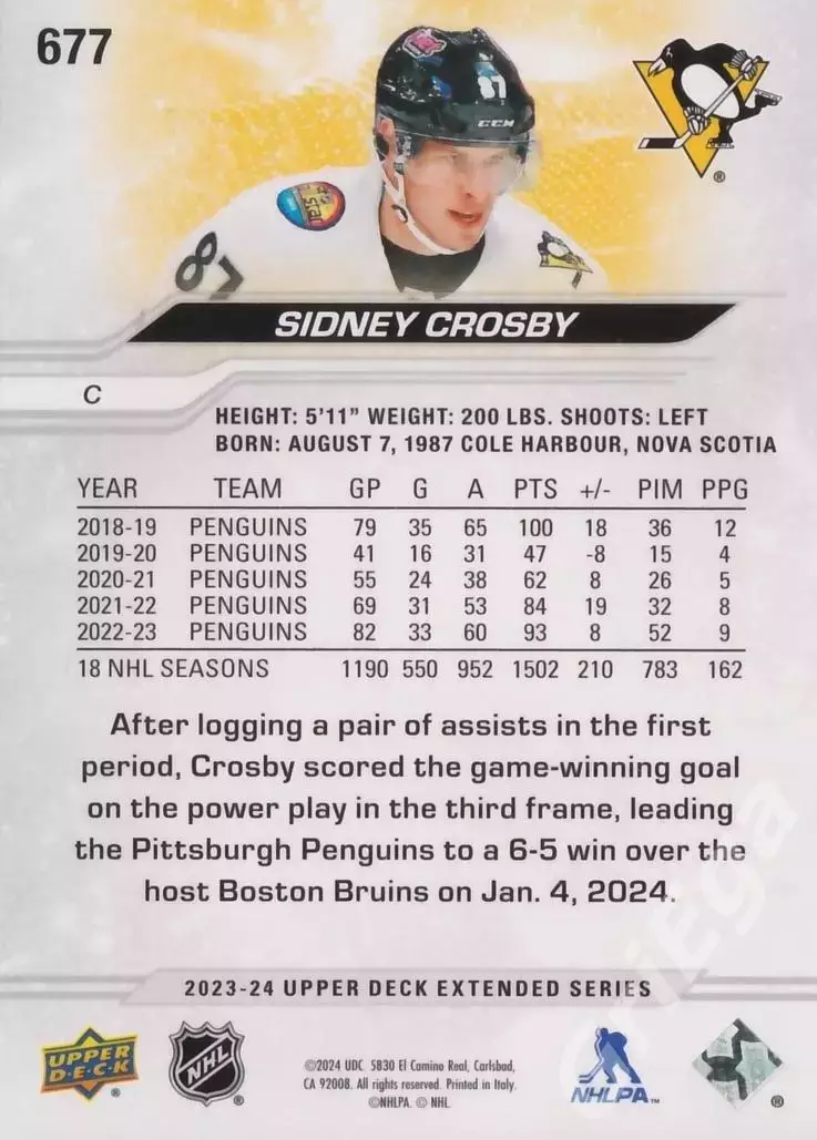 2023-24 Upper Deck Hockey #677 Sidney Crosby (Pittsburgh Penguins) 1