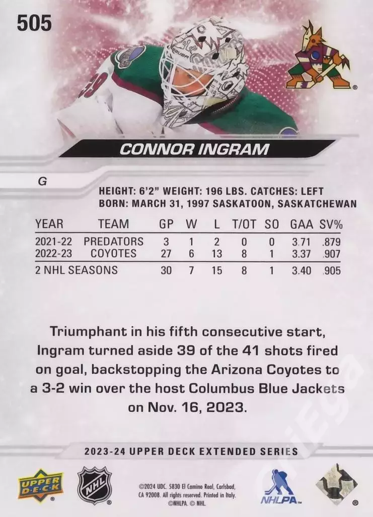 2023-24 Upper Deck Hockey #505 Connor Ingram (Arizona Coyotes) 1