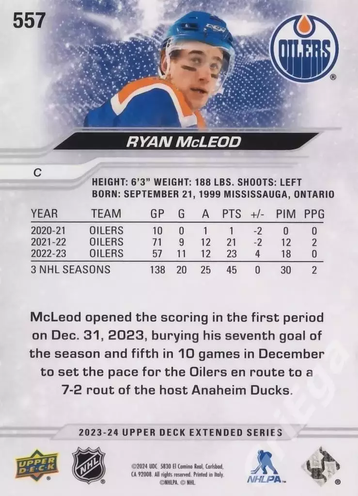 2023-24 Upper Deck Hockey #557 Ryan McLeod (Edmonton Oilers) 1