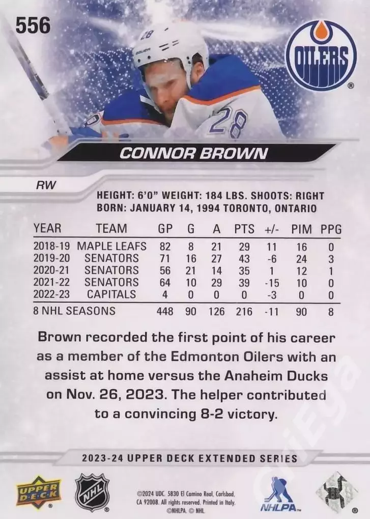 2023-24 Upper Deck Hockey #556 Connor Brown (Edmonton Oilers) 1