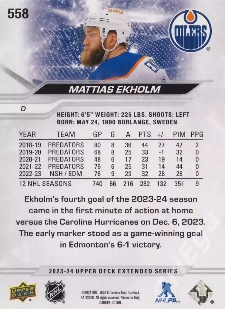 2023-24 Upper Deck Hockey #558 Mattias Ekholm (Edmonton Oilers) 1