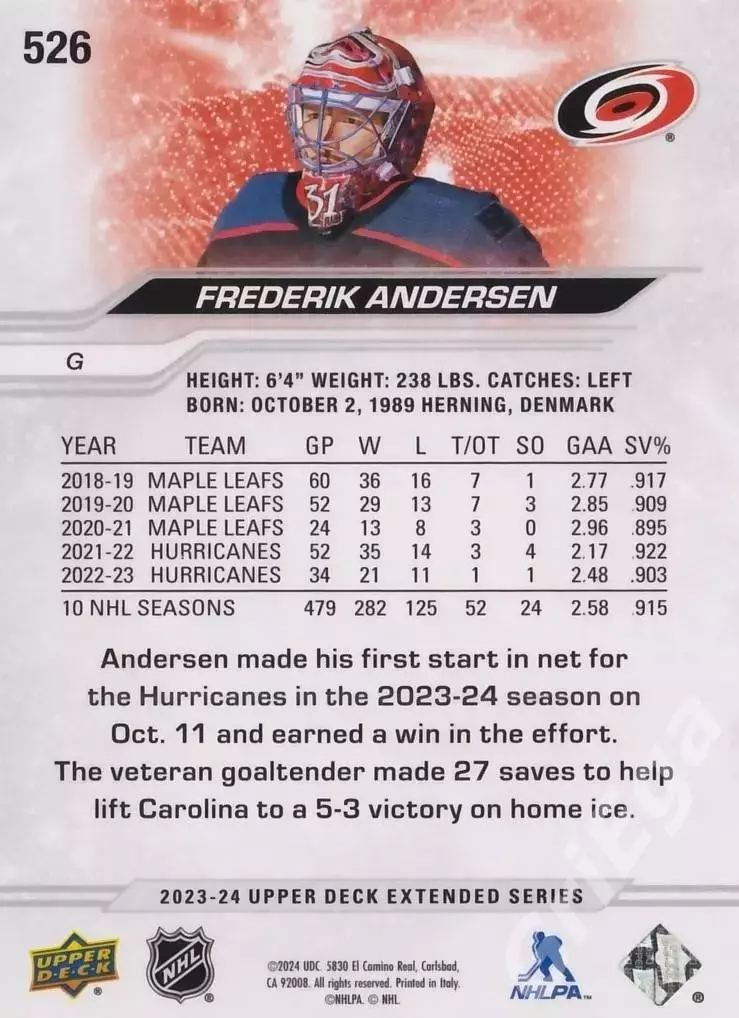 2023-24 Upper Deck Hockey #526 Frederik Andersen (Carolina Hurricanes) 1