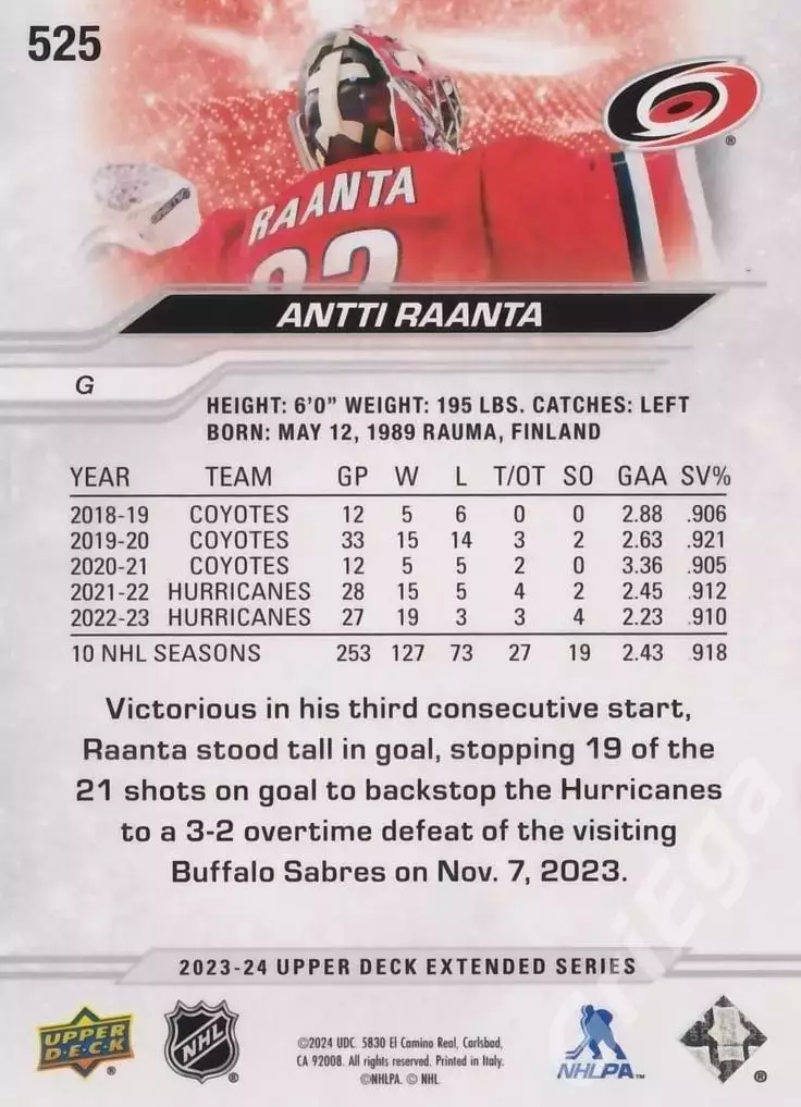 2023-24 Upper Deck Hockey #525 Antti Raanta (Carolina Hurricanes) 1