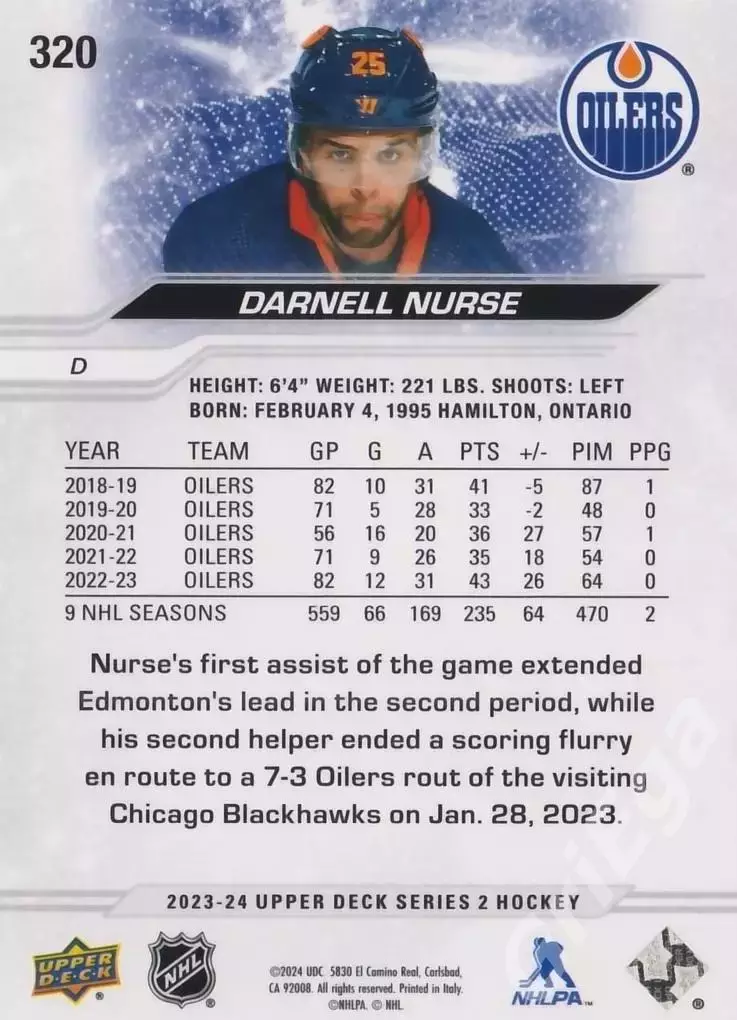 2023-24 Upper Deck Hockey #320 Darnell Nurse (Edmonton Oilers) 1