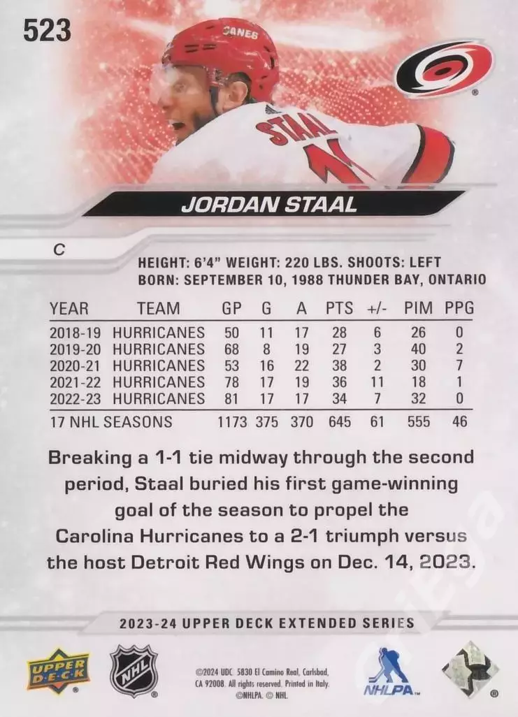 2023-24 Upper Deck Hockey #523 Jordan Staal (Carolina Hurricanes) 1