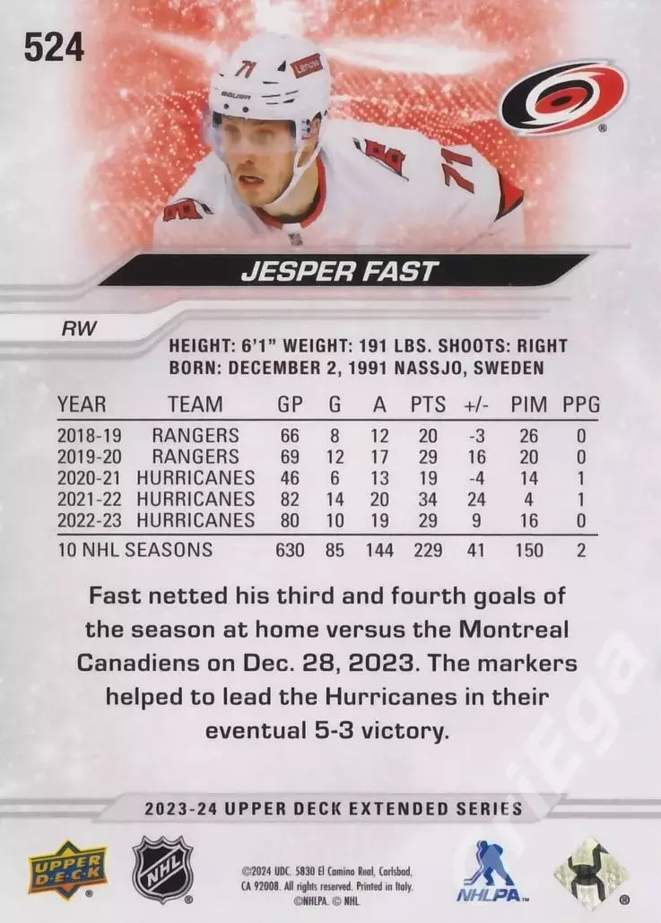 2023-24 Upper Deck Hockey #524 Jesper Fast (Carolina Hurricanes) 1
