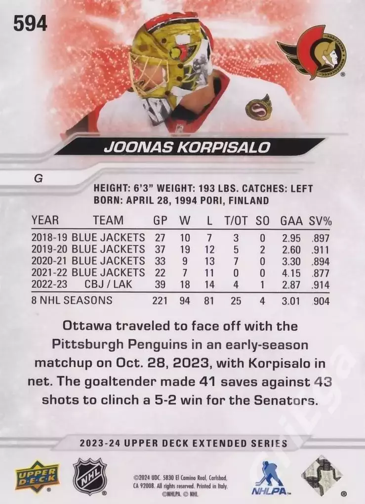 2023-24 Upper Deck Hockey #594 Joonas Korpisalo (Ottawa Senators) 1