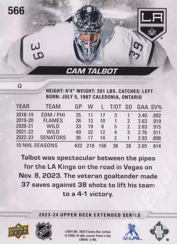 2023-24 Upper Deck Hockey #566 Cam Talbot (Los Angeles Kings) 1