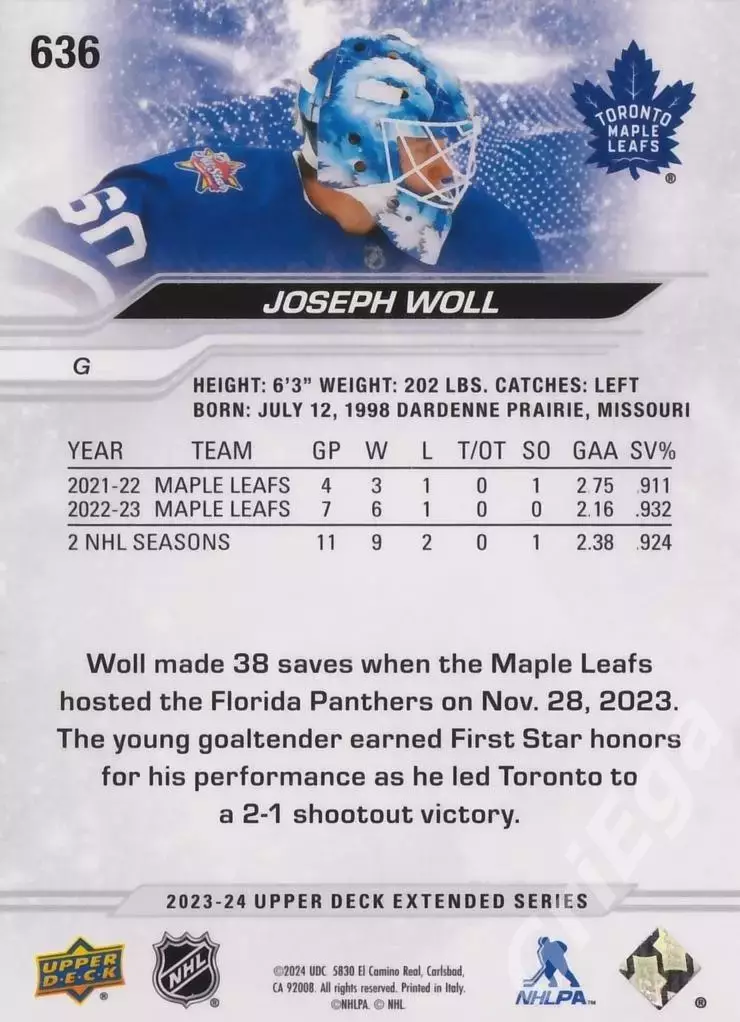 2023-24 Upper Deck Hockey #636 Joseph Woll (Toronto Maple Leafs) 1