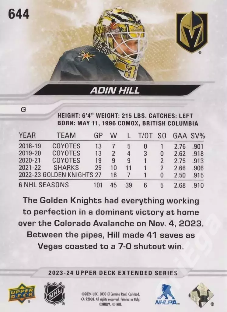 2023-24 Upper Deck Hockey #644 Adin Hill (Vegas Golden Knights) 1