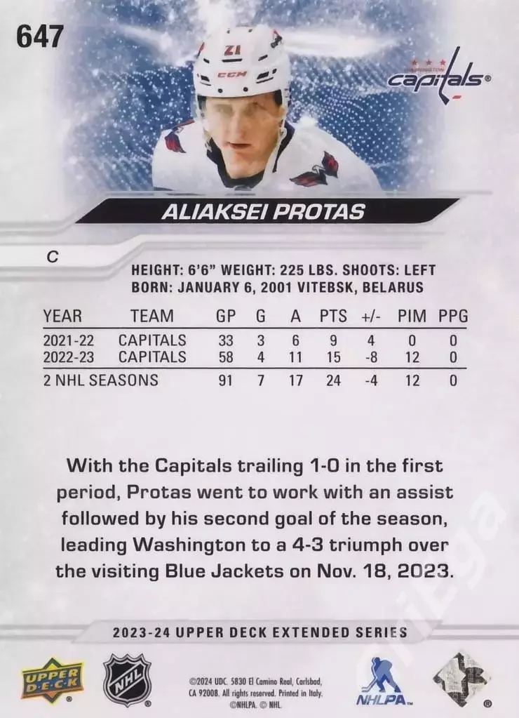 2023-24 Upper Deck Hockey #647 Алексей Протас (Washington Capitals) 1