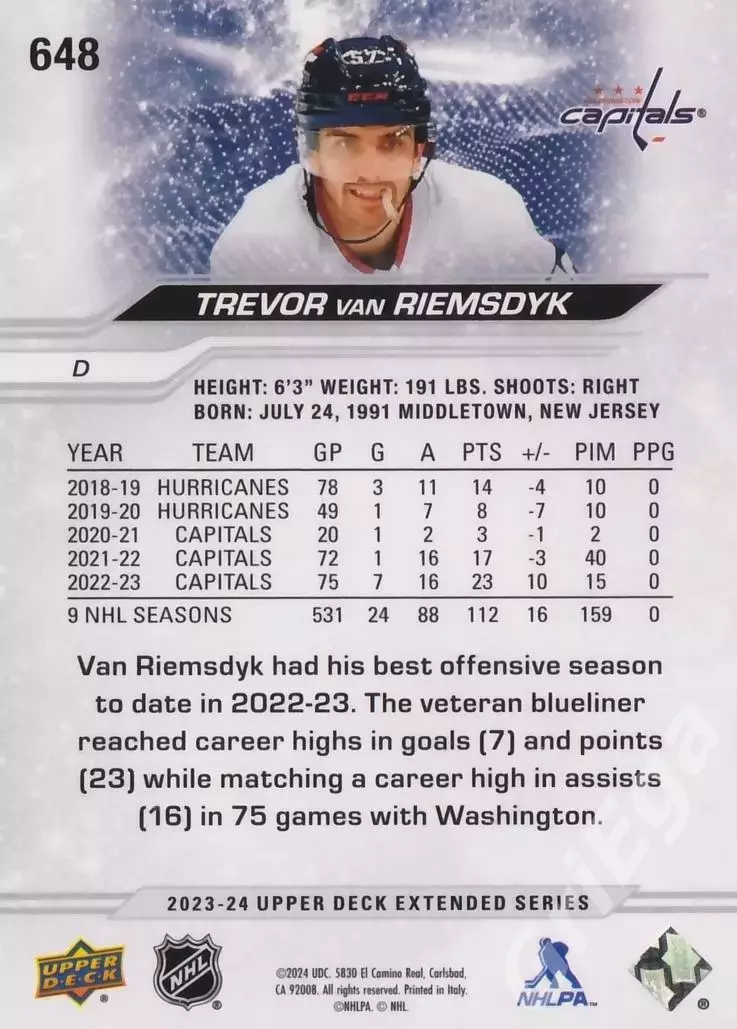 2023-24 Upper Deck Hockey #648 Trevor van Riemsdyk (Washington Capitals) 1