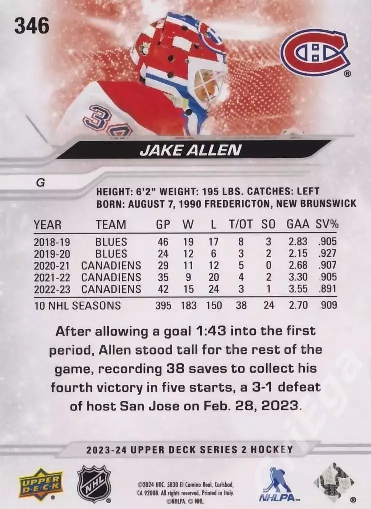 2023-24 Upper Deck Hockey #346 Jake Allen (Montreal Canadiens) 1
