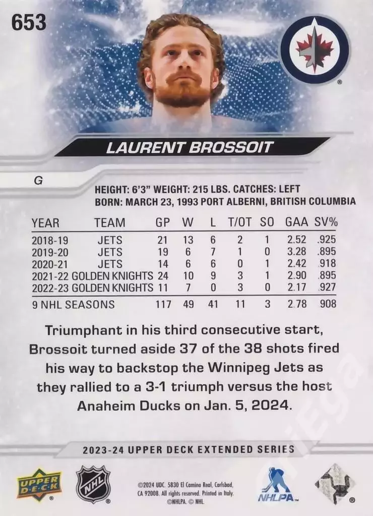 2023-24 Upper Deck Hockey #653 Laurent Brossoit (Winnipeg Jets) 1