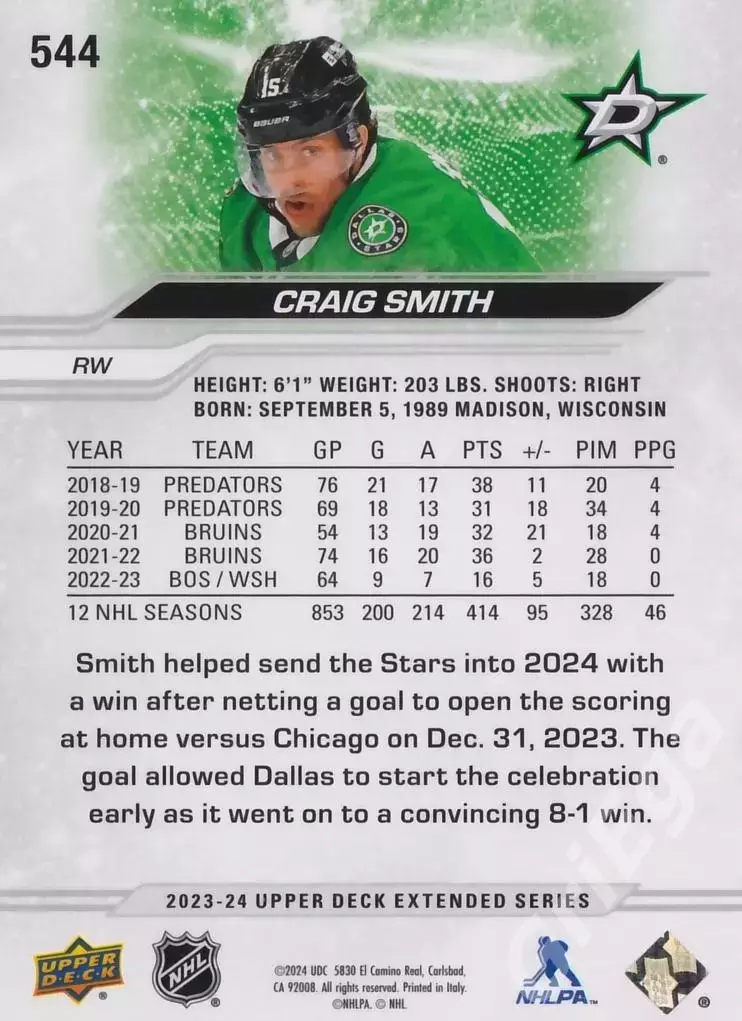 2023-24 Upper Deck Hockey #544 Craig Smith (Dallas Stars) 1