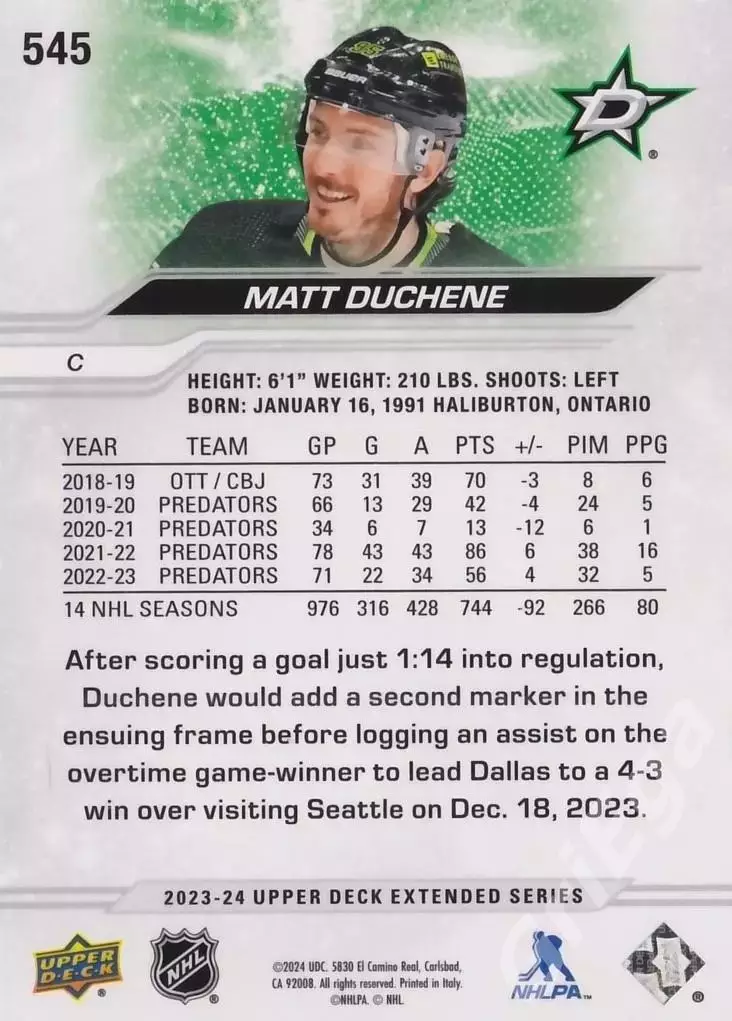 2023-24 Upper Deck Hockey #545 Matt Duchene (Dallas Stars) 1
