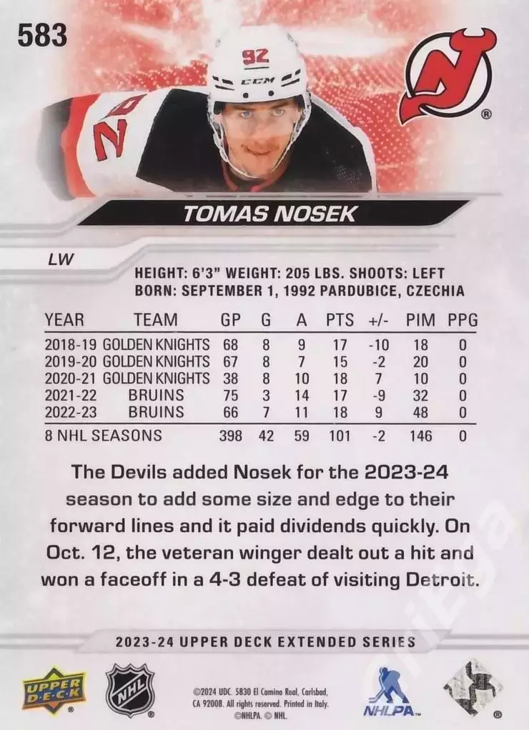 2023-24 Upper Deck Hockey #583 Tomas Nosek (New Jersey Devils) 1
