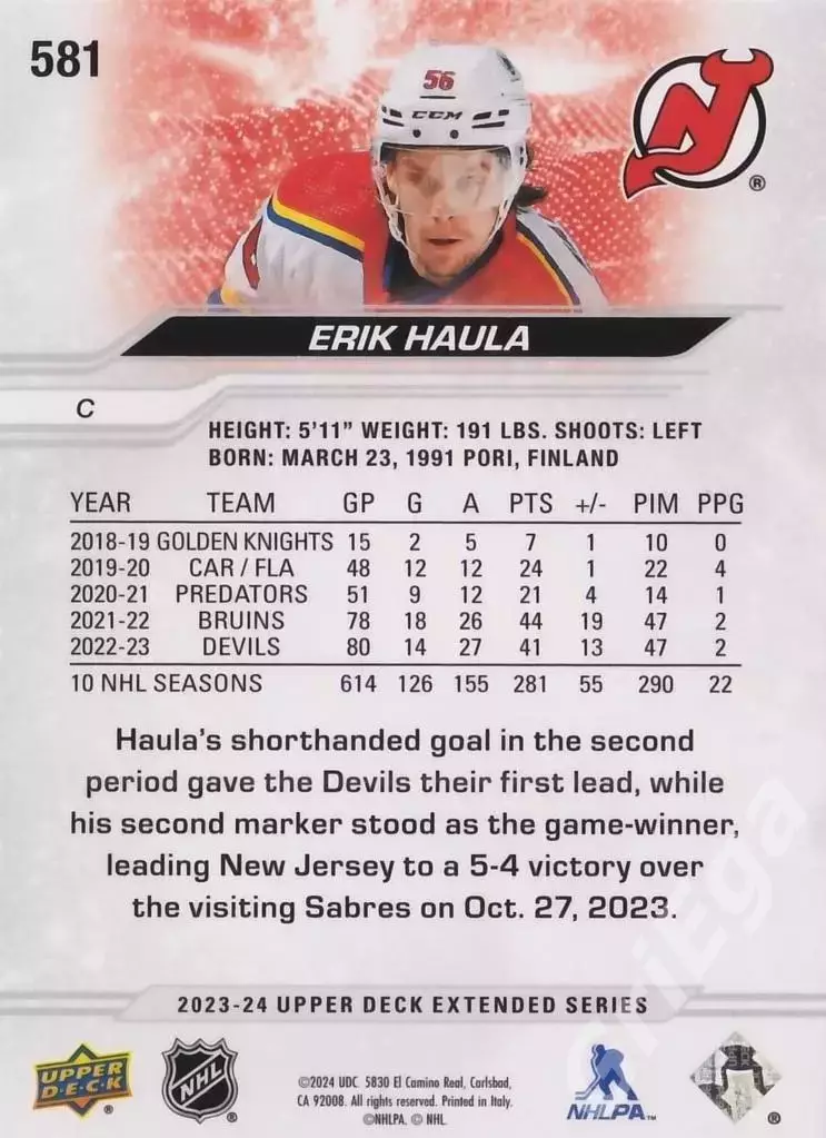 2023-24 Upper Deck Hockey #581 Erik Haula (New Jersey Devils) 1