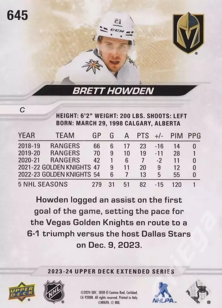 2023-24 Upper Deck Hockey #645 Brett Howden (Vegas Golden Knights) 1